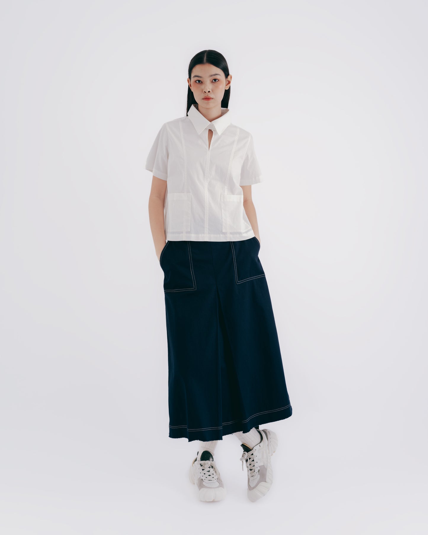 明線合摺A字中長裙(深藍)