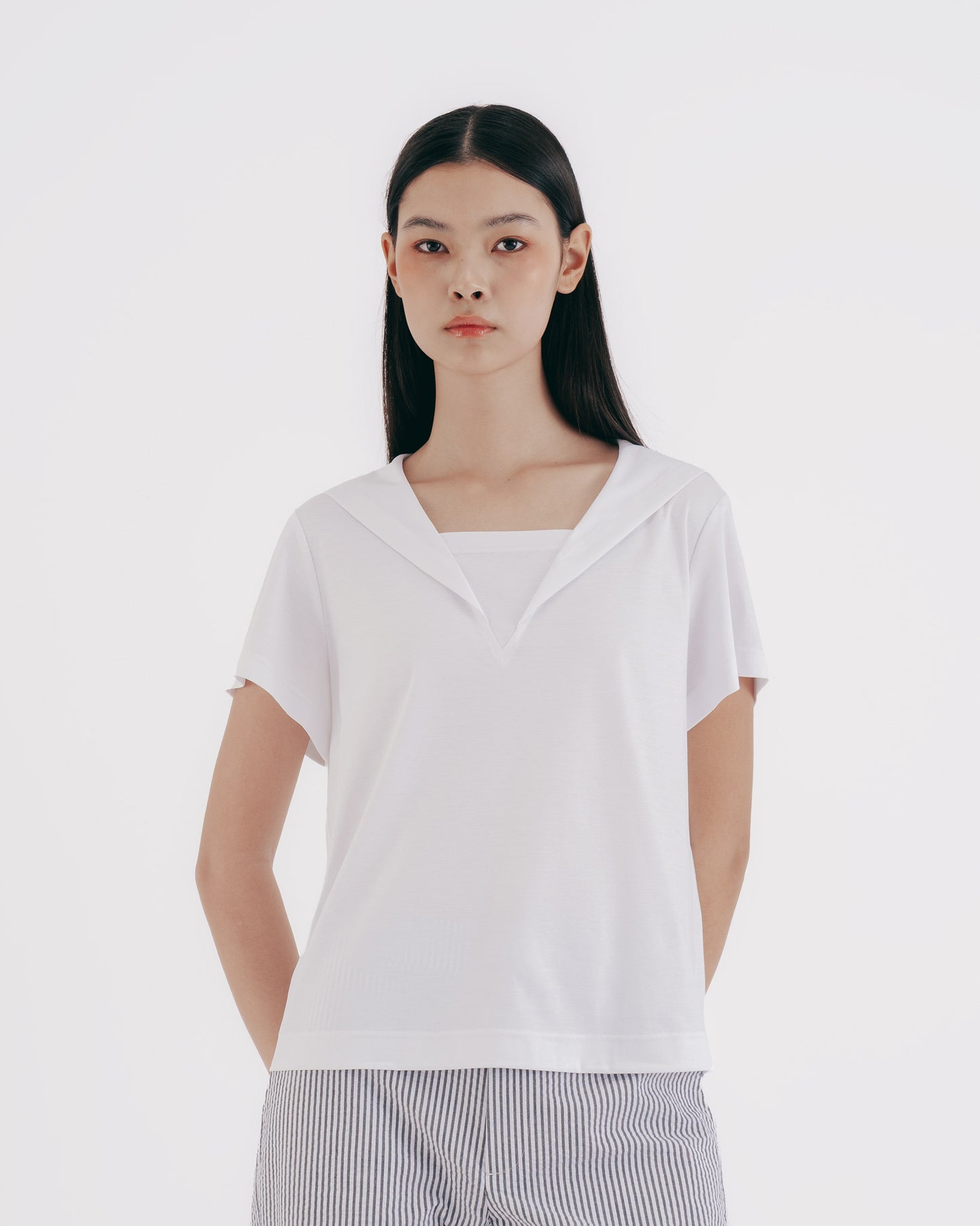 Stylish Sailor Collar Knit Top (White)