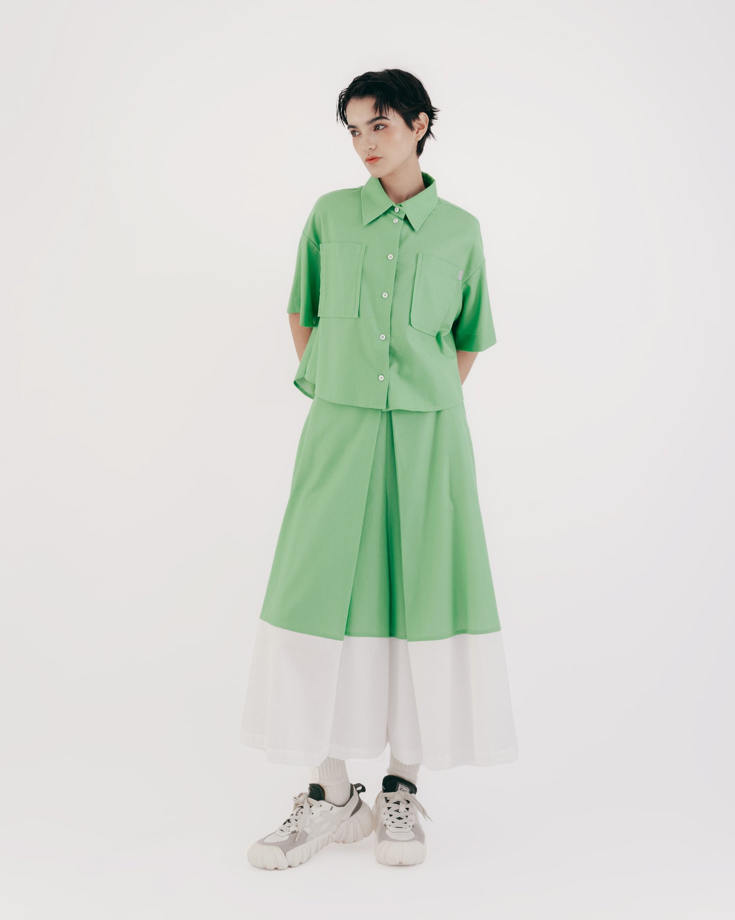 菱格織紋方型結構短襯衫(綠色)