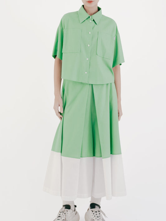 菱格織紋撞色拼接合摺褲裙(綠色)