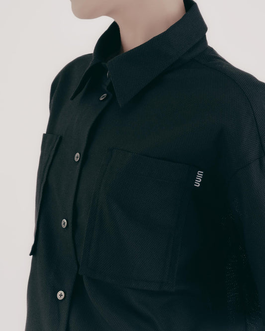 菱格織紋方型結構短襯衫(黑色)