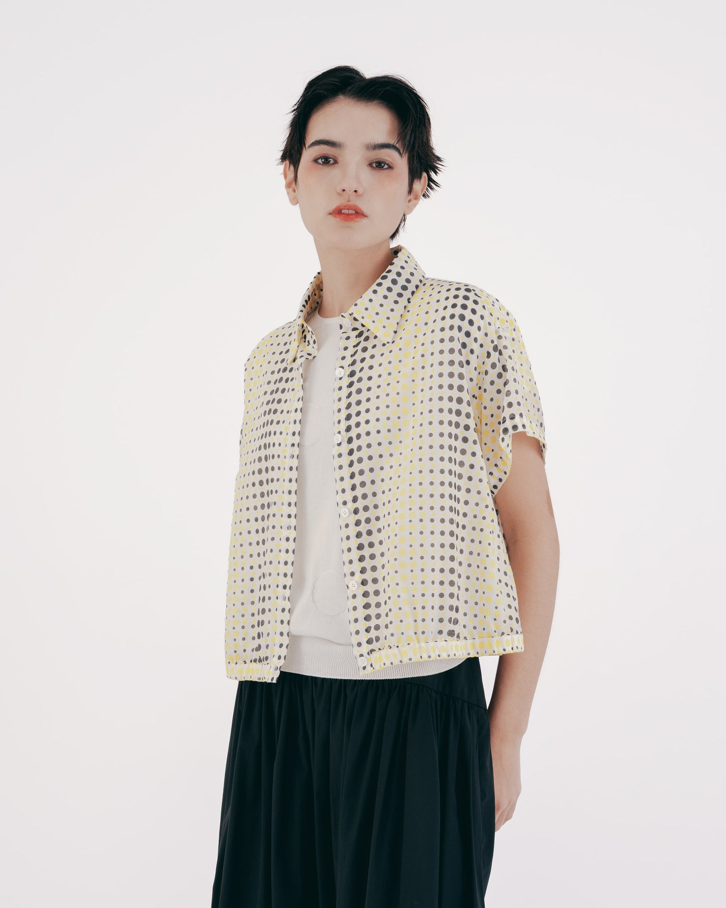 Polka Dot Print Elastic Hem Short Sleeve Top