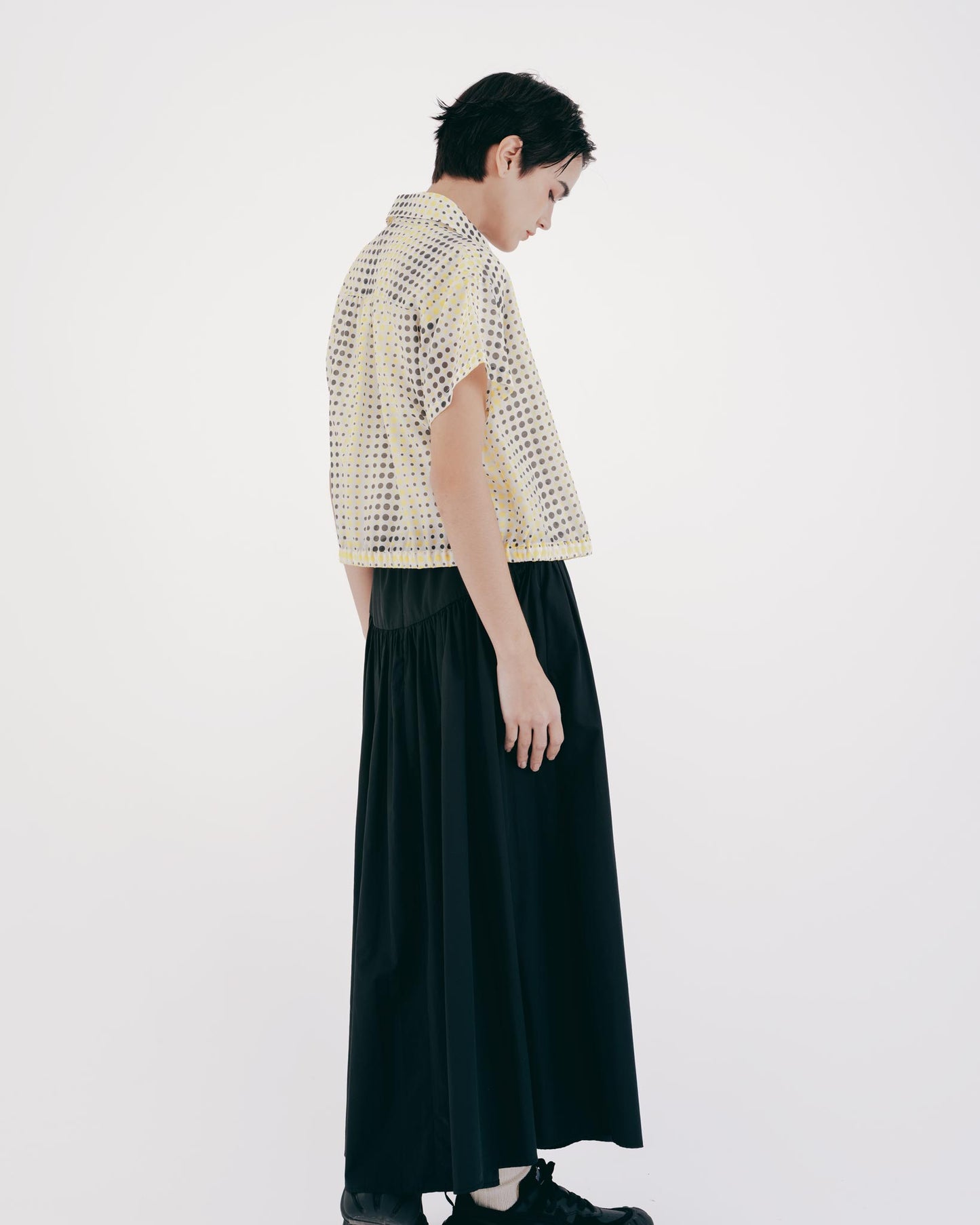 Polka Dot Print Elastic Hem Short Sleeve Top