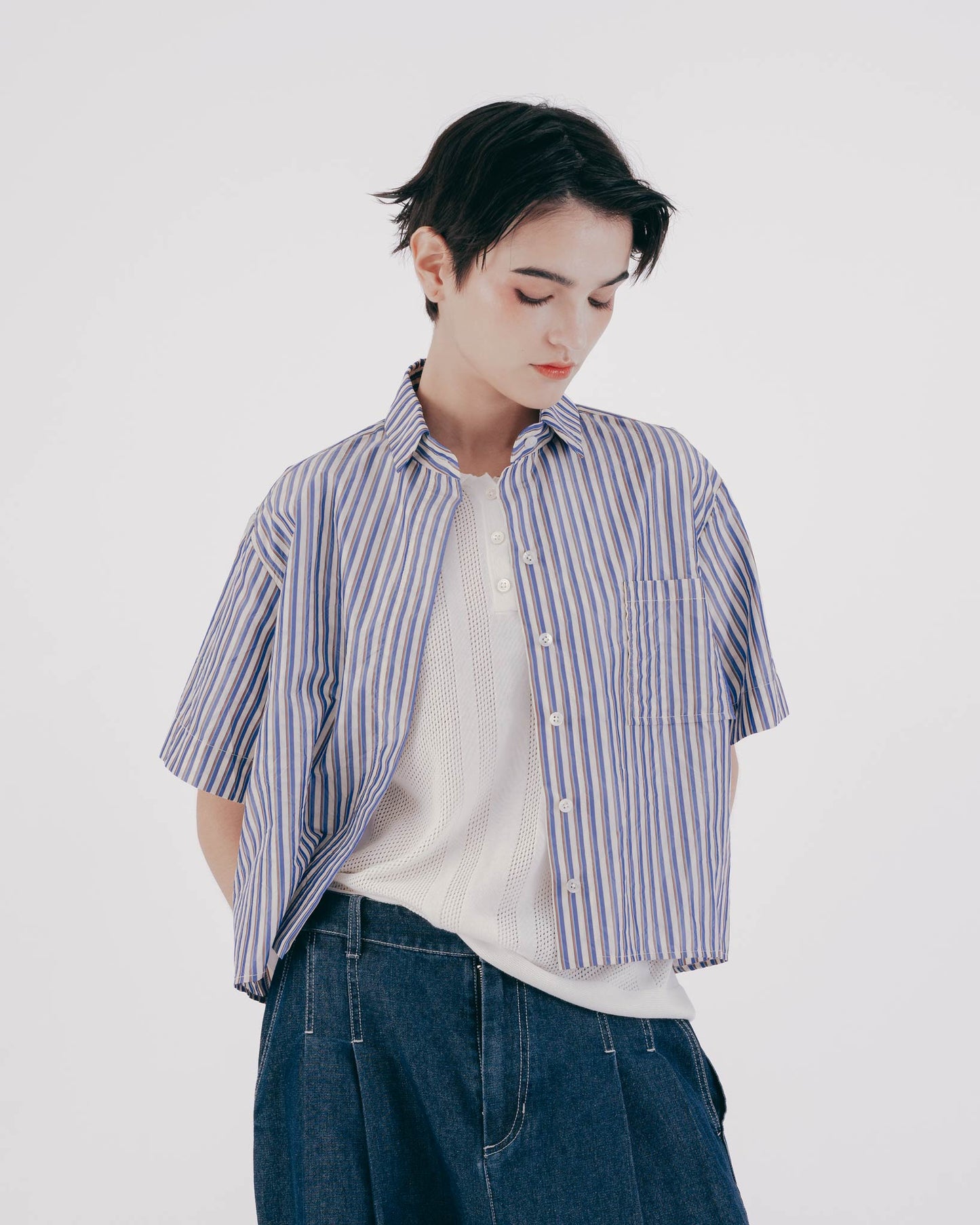 真絲條紋暗襟短襯衫(藍色)