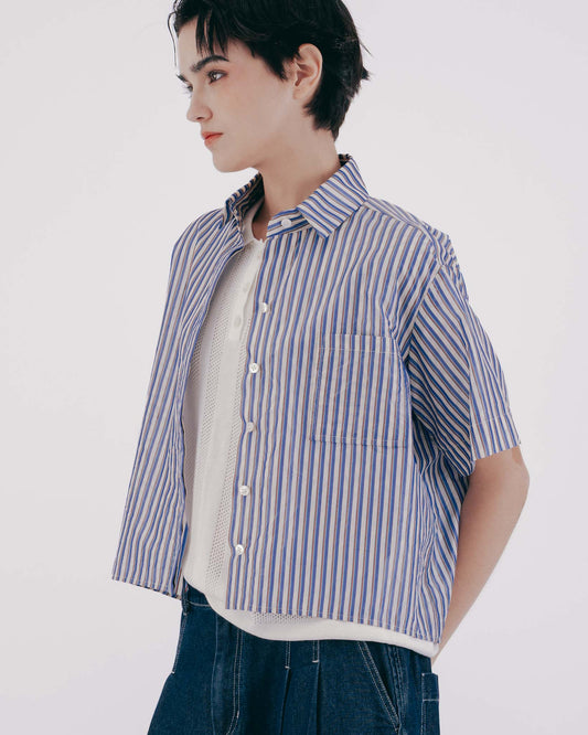 真絲條紋暗襟短襯衫(藍色)