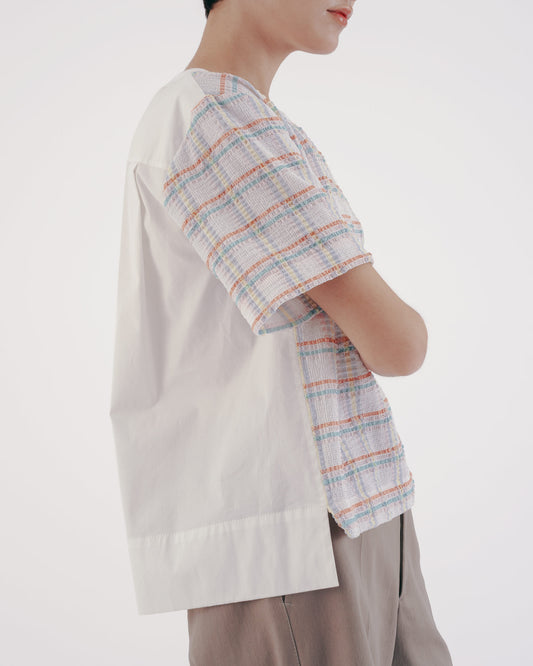 格紋泡泡組織拼接短袖上衣