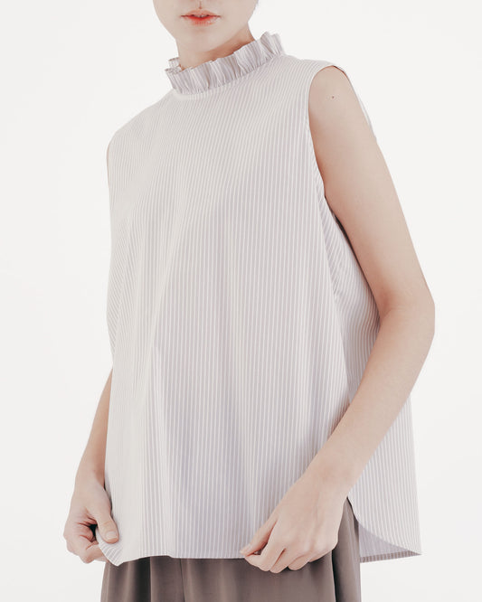 條紋荷葉領背釦式上衣(灰白)