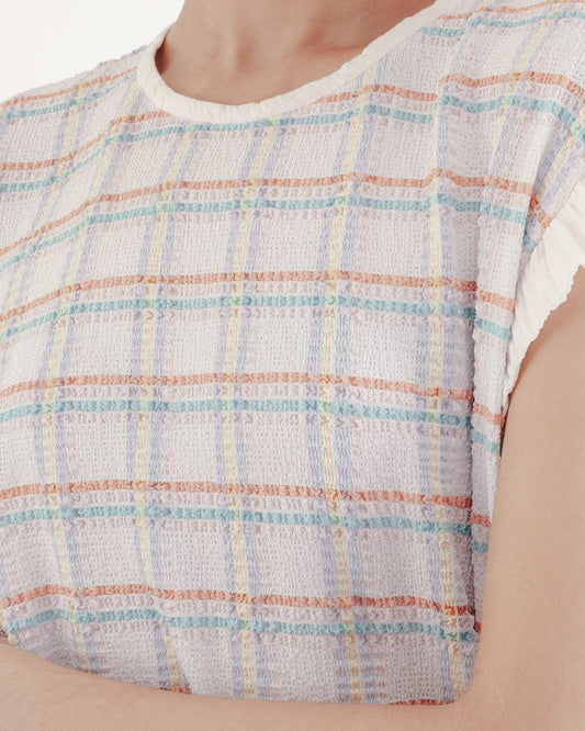 格紋泡泡組織荷葉袖圓領上衣