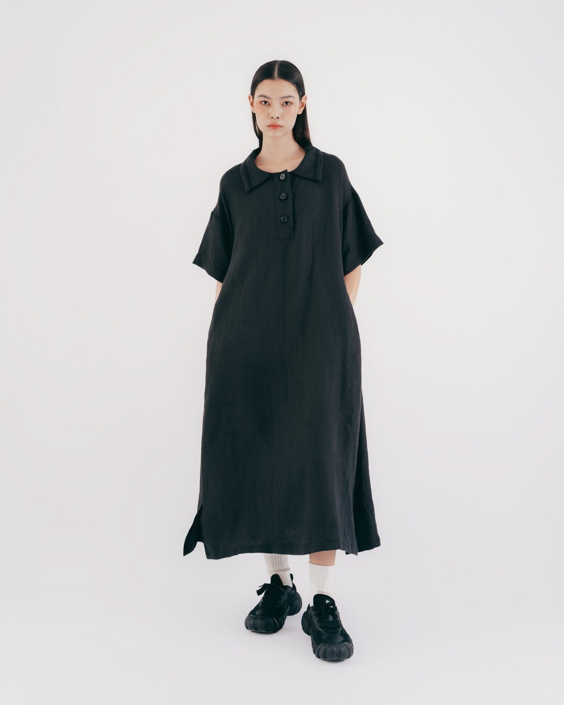 Black and gray linen drop shoulder loose short-sleeved dress