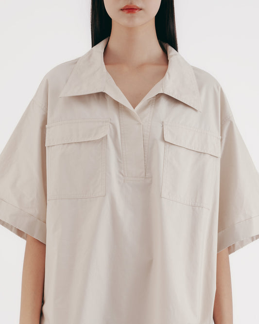 工裝感雙口袋半開襟洋裝(卡其)