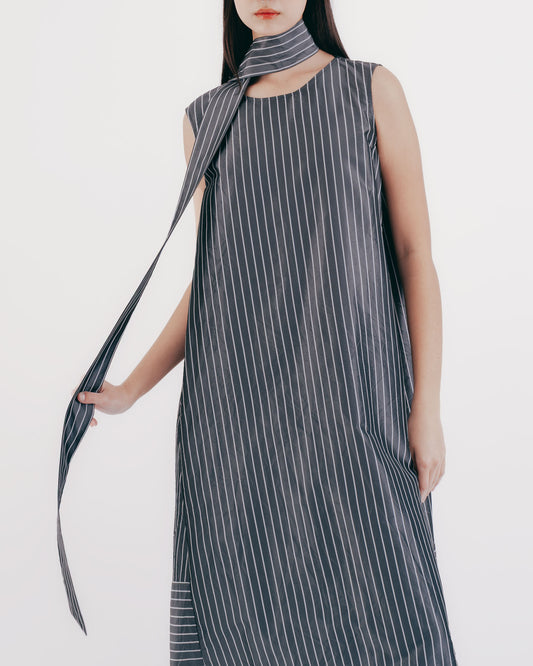 真絲條紋無袖綁帶長洋裝(灰色)