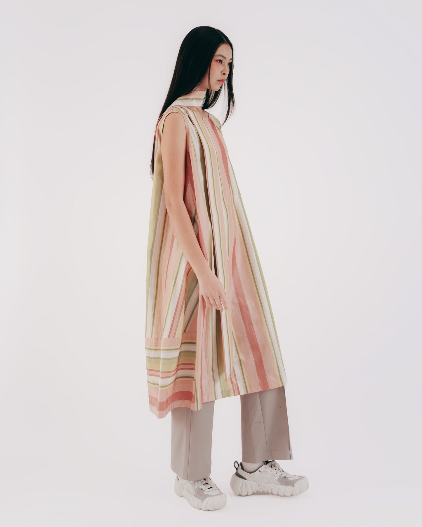 Silk Striped Sleeveless Tie Long Dress (Pink)
