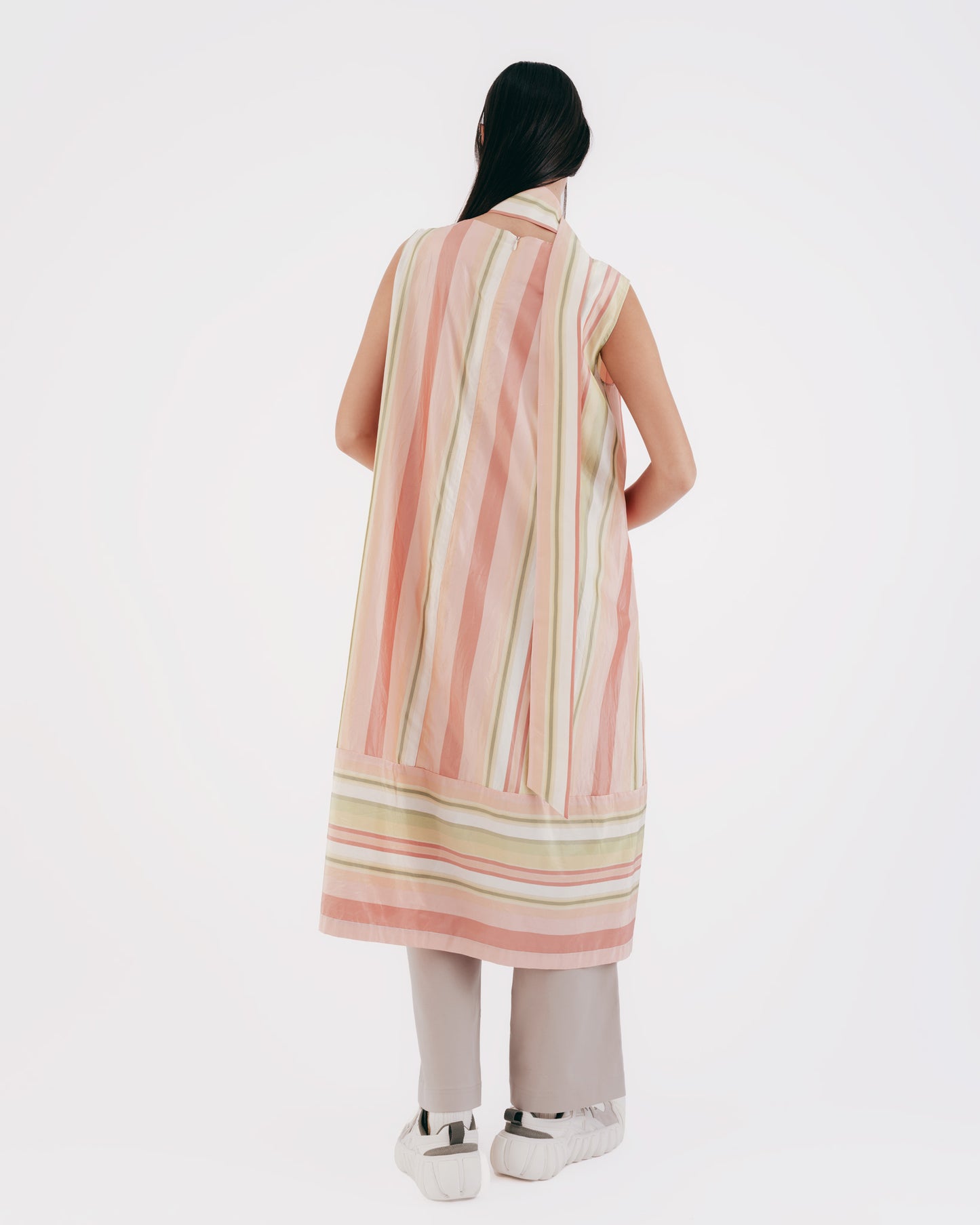 Silk Striped Sleeveless Tie Long Dress (Pink)
