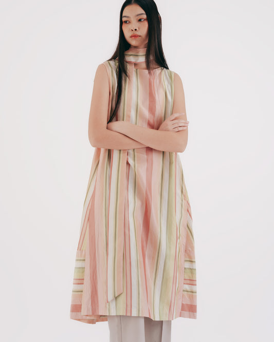 真絲條紋無袖綁帶長洋裝(粉色)