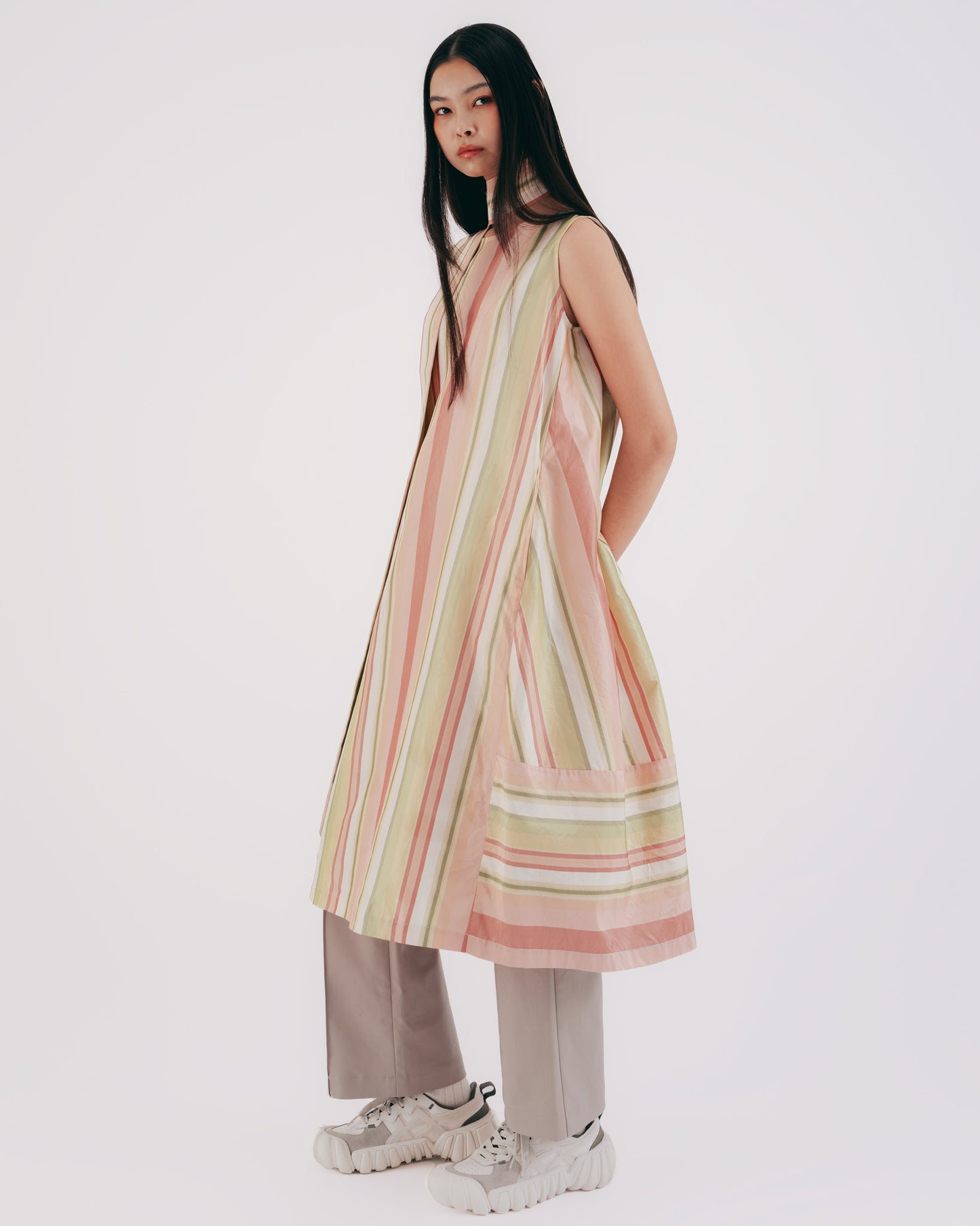 Silk Striped Sleeveless Tie Long Dress (Pink)