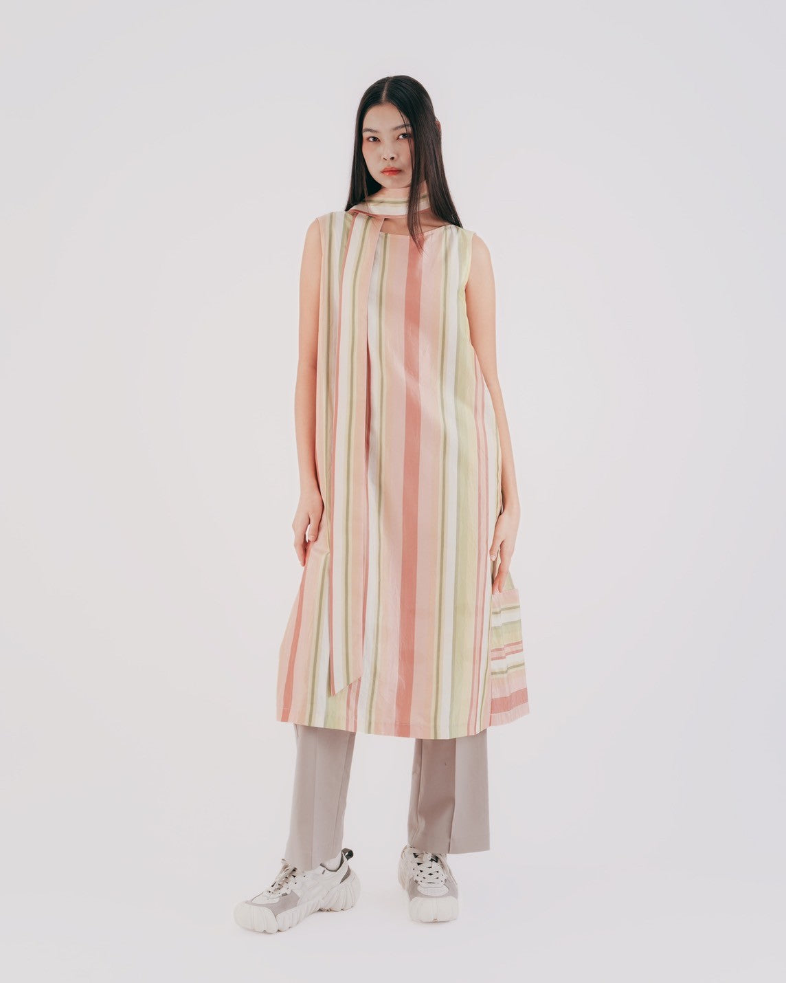 Silk Striped Sleeveless Tie Long Dress (Pink)