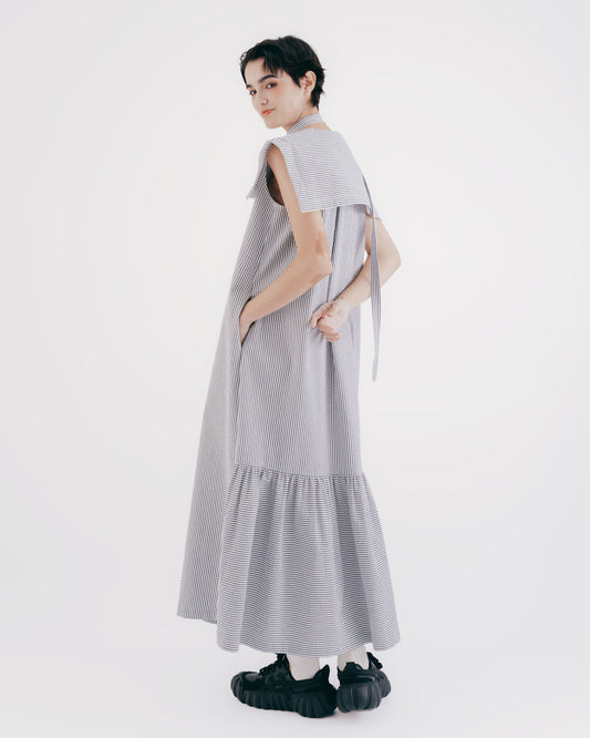 條紋泡泡組織海軍領魚尾洋裝