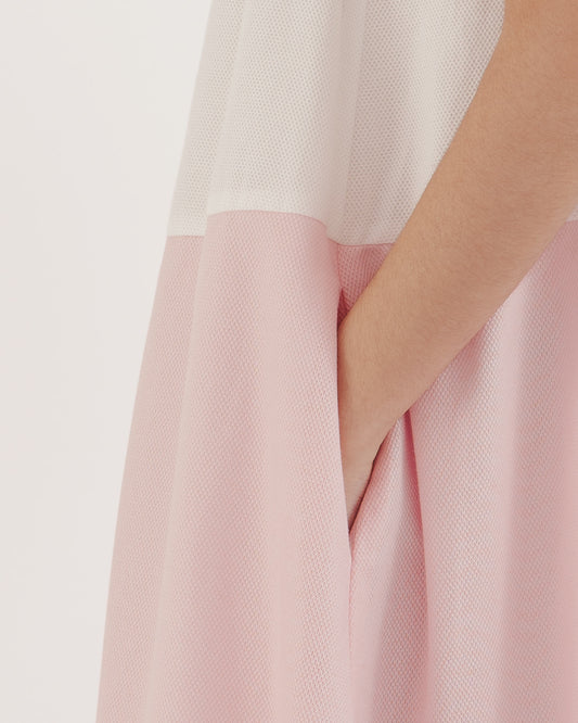 削肩設計撞色拼接長洋裝