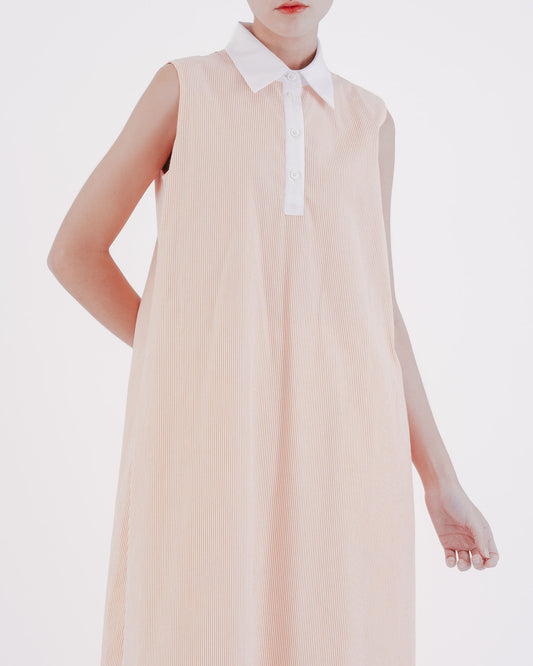 條紋無袖半襟長洋裝(橘色)