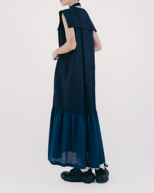 菱格織紋海軍領魚尾洋裝(深藍)