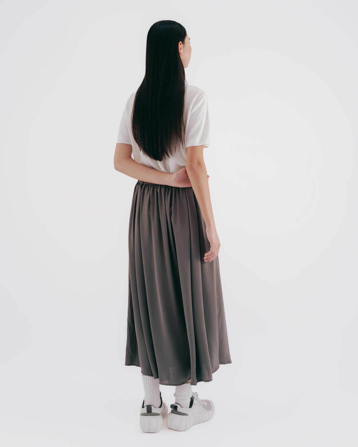 Gray-green matte textured pleated skirt