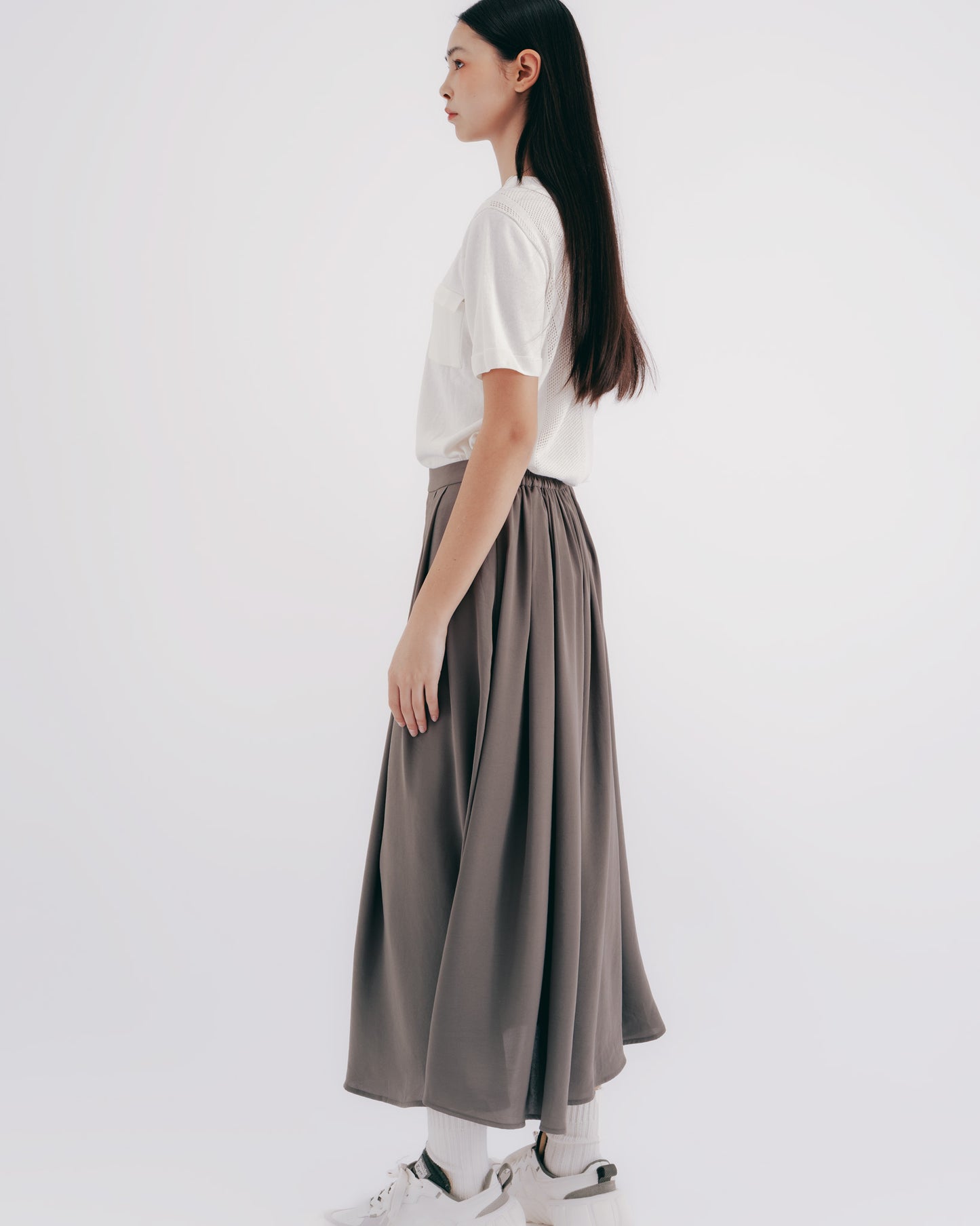 Gray-green matte textured pleated skirt