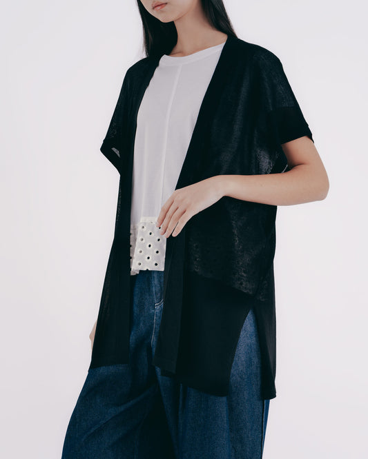 落肩寬鬆針織長罩衫(黑色)