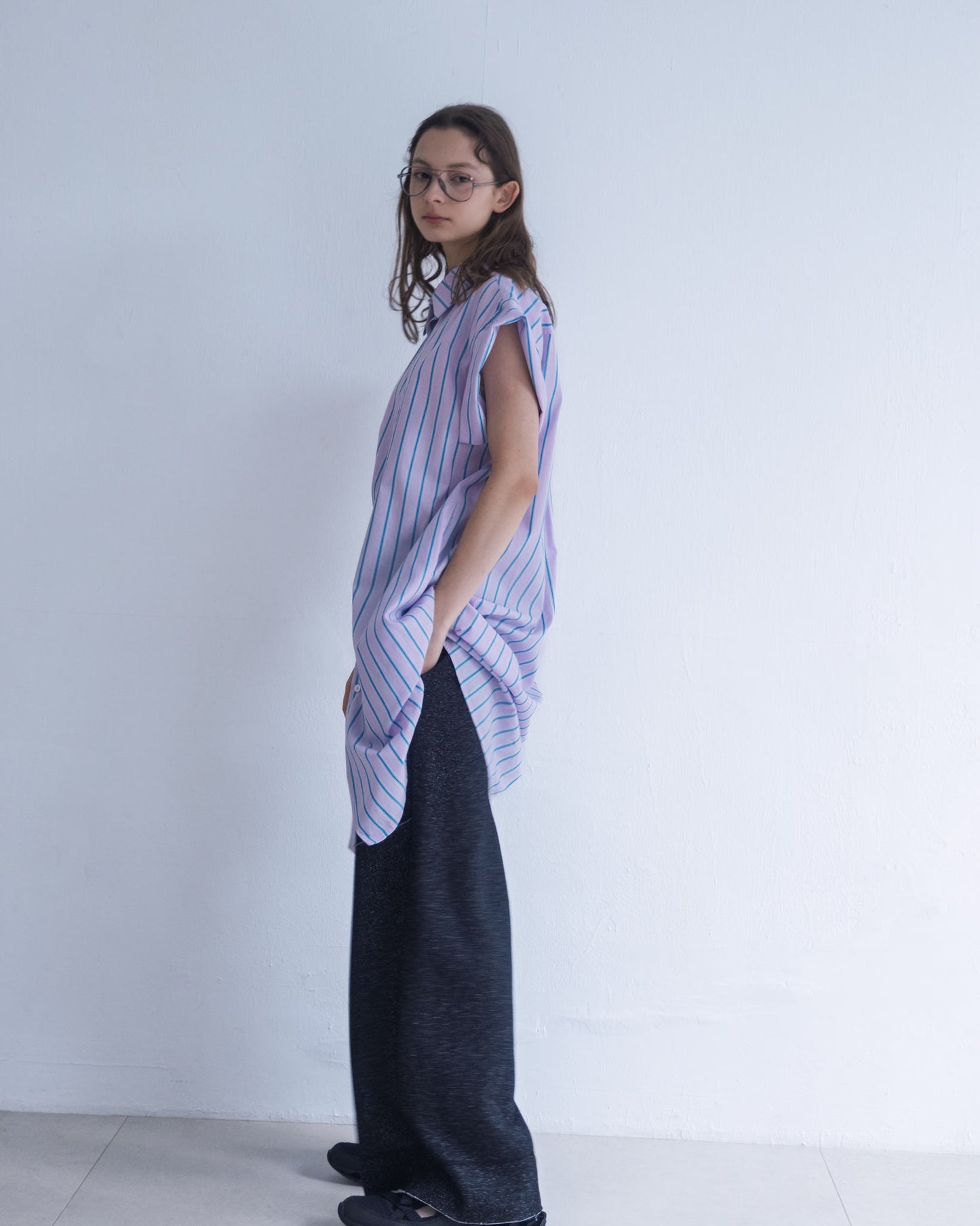 Loose Drop Shoulder Long Striped Shirt (Pink)