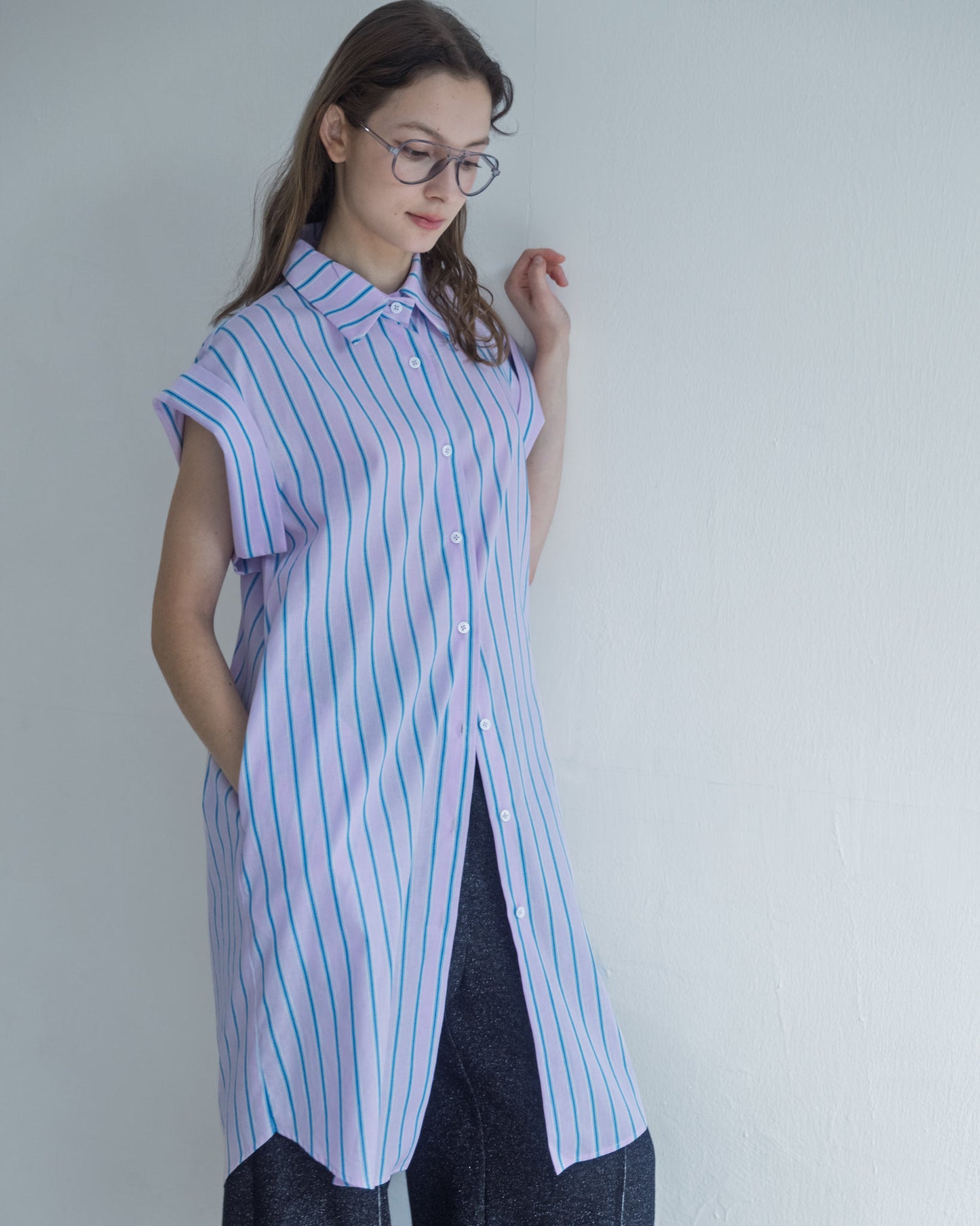 Loose Drop Shoulder Long Striped Shirt (Pink)
