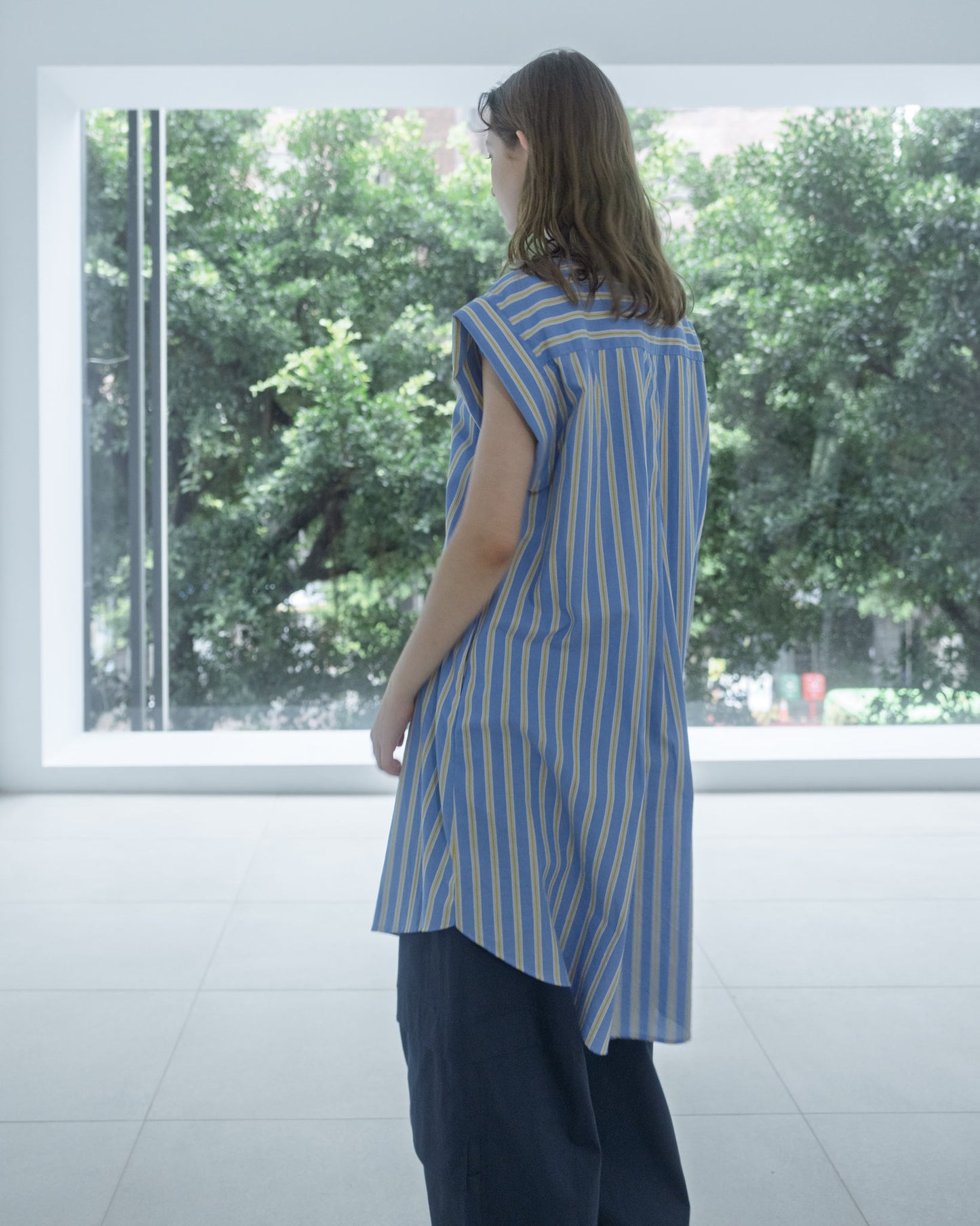 Loose Drop Shoulder Long Striped Shirt (Blue)