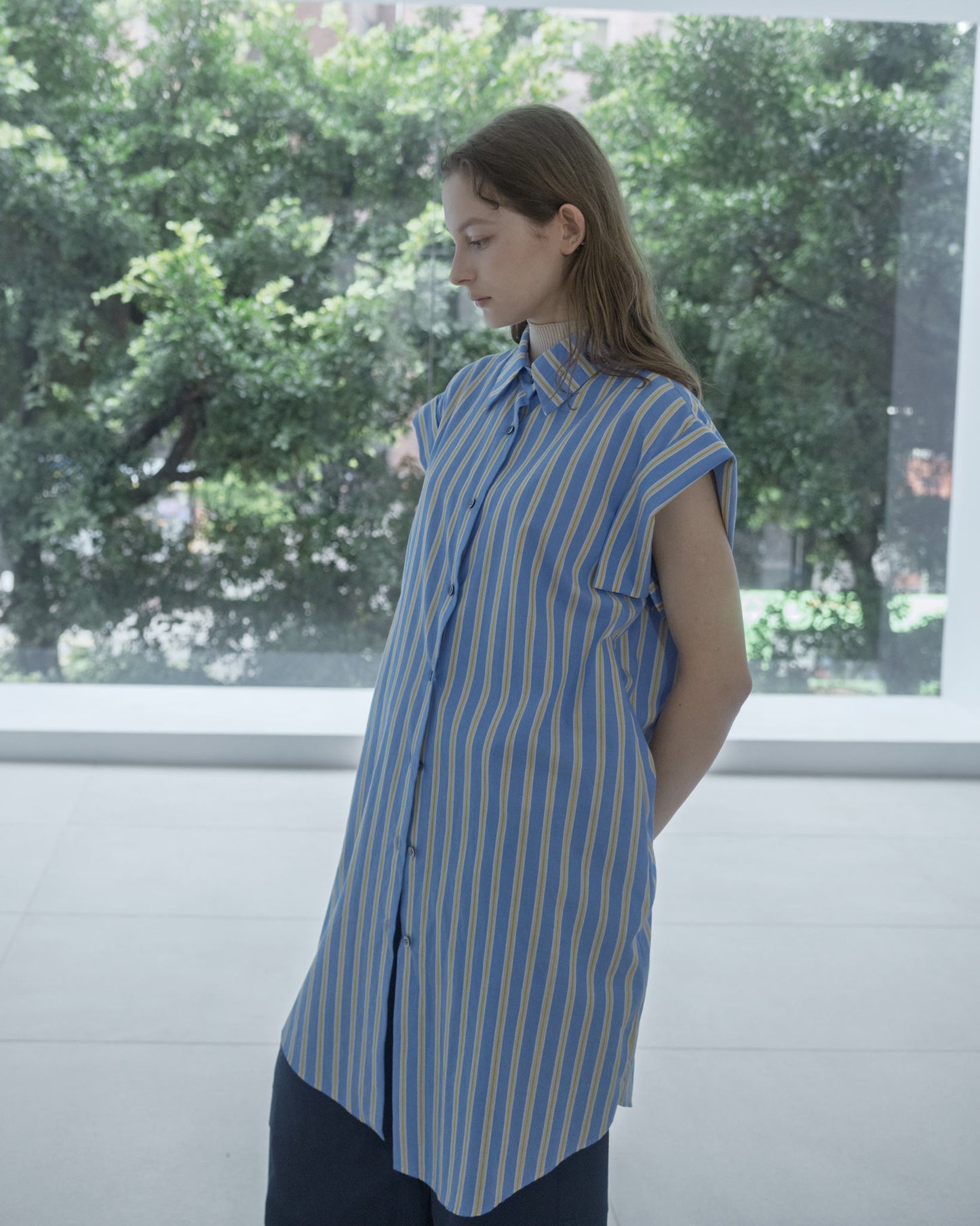 Loose Drop Shoulder Long Striped Shirt (Blue)