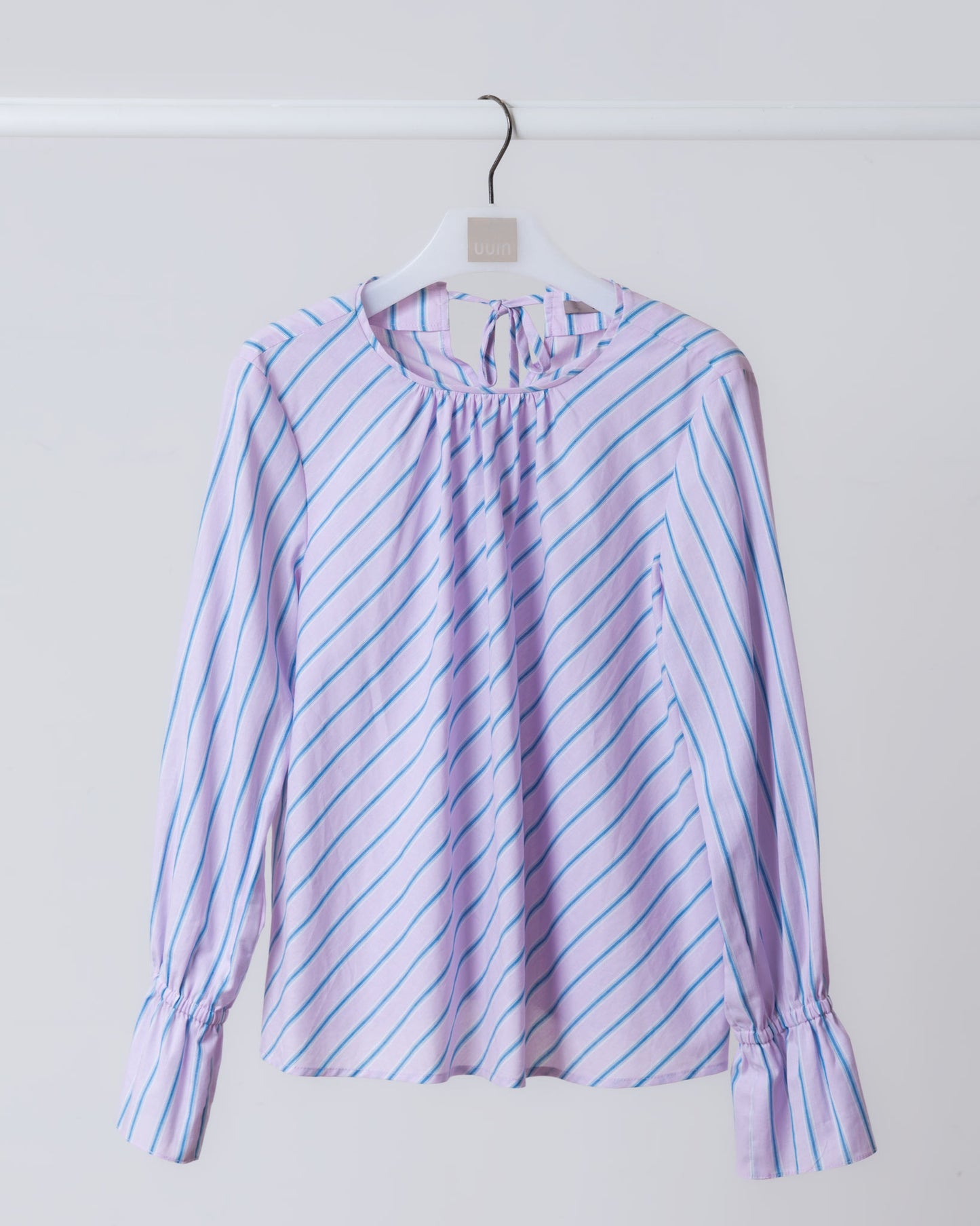 Pleated Round Neck Ruffle Sleeve Striped Top (Pink)