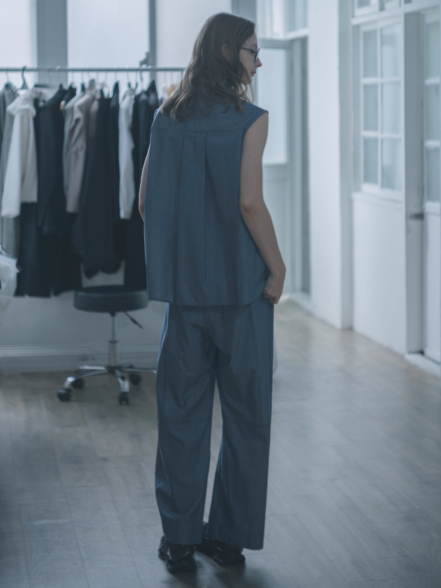 Simple cotton denim wide pants