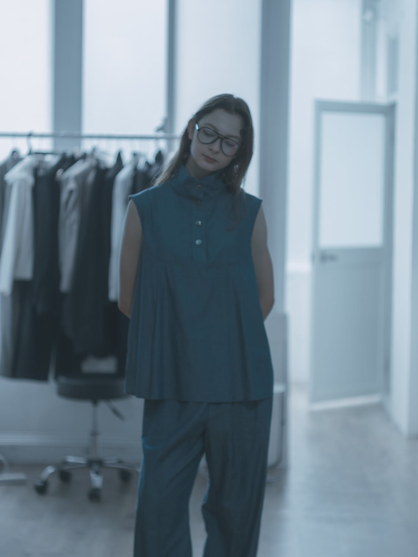 Simple cotton denim wide pants