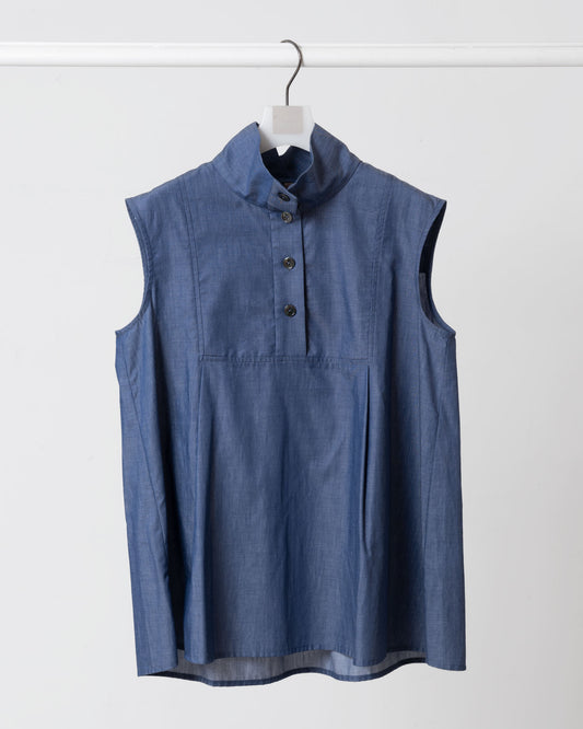 高領活褶A字剪裁上衣(藍色)