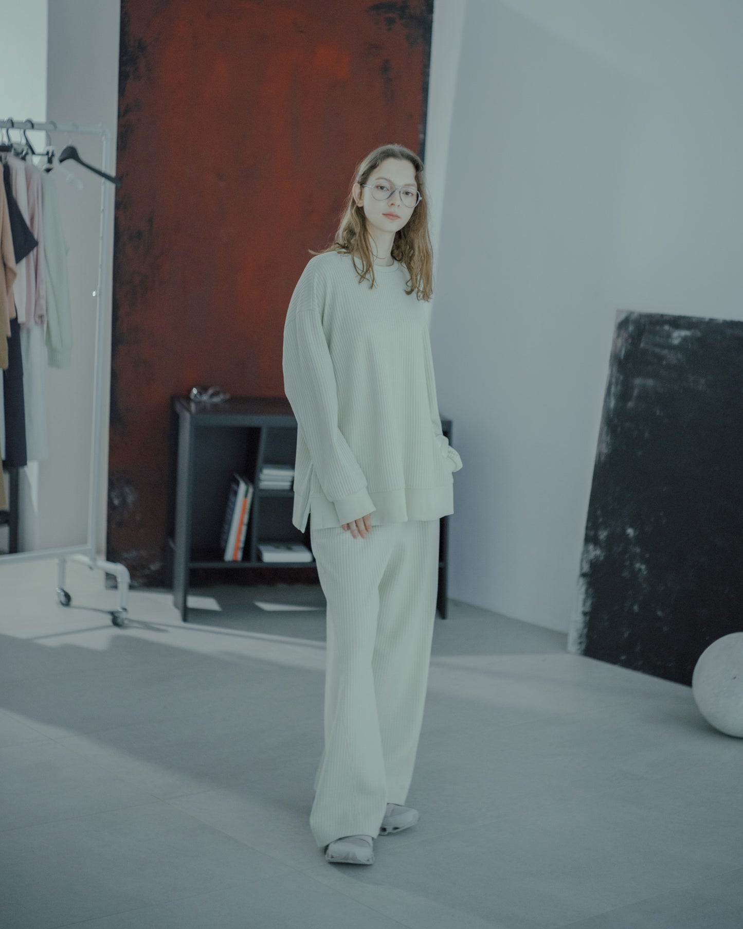 格紋織感圓領上衣(米黃)