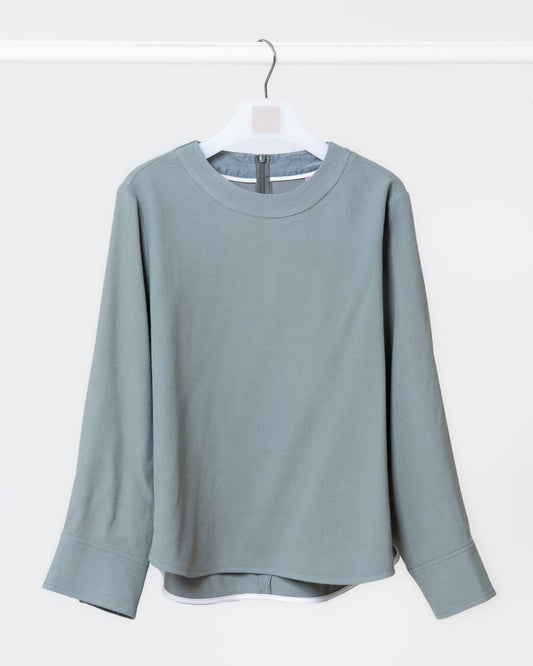 純色弧形剪裁長袖上衣(綠色)