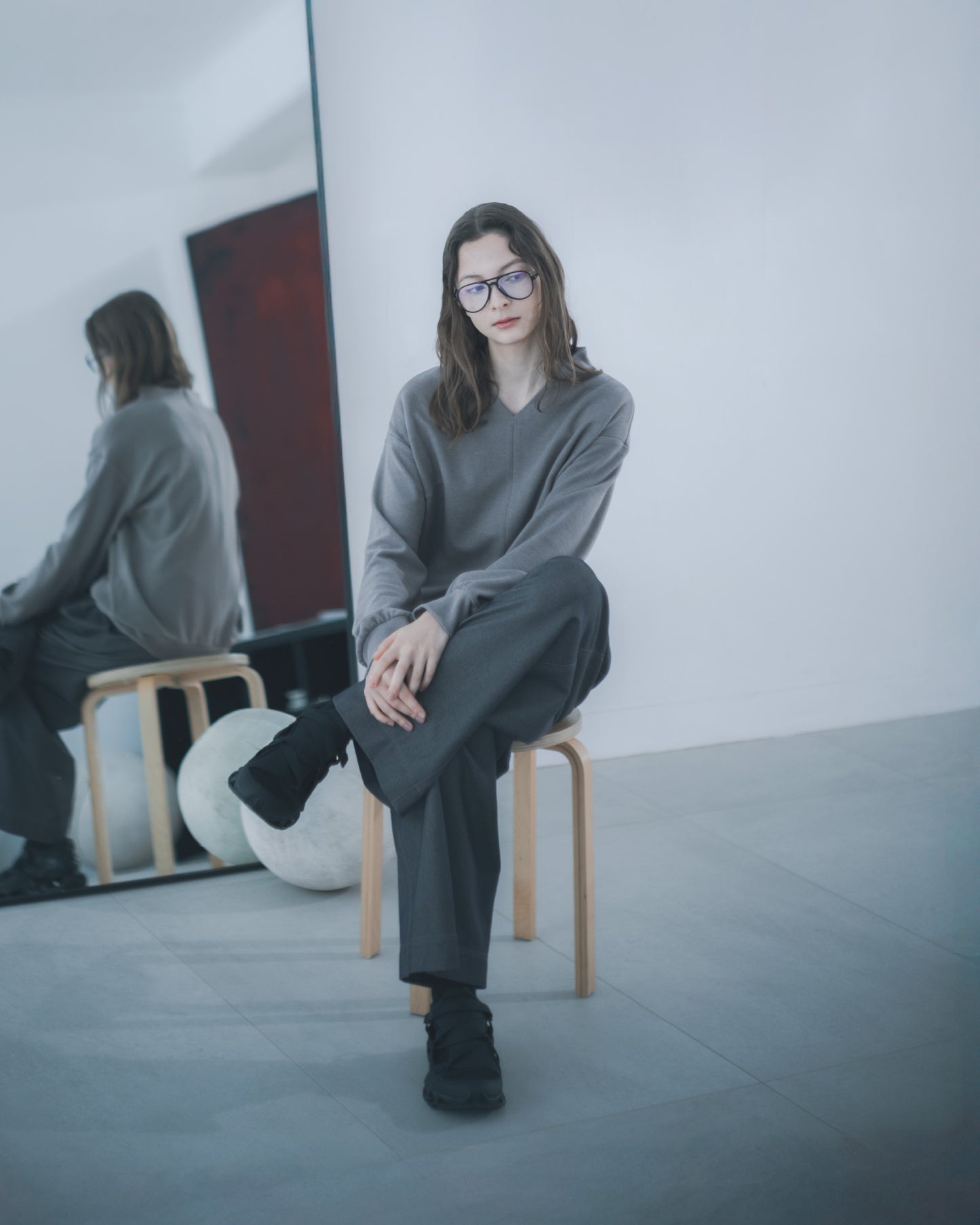 V領開口寬鬆上衣(深卡其)