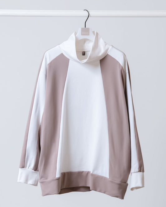 慵懶高領拼接大學T(卡其)