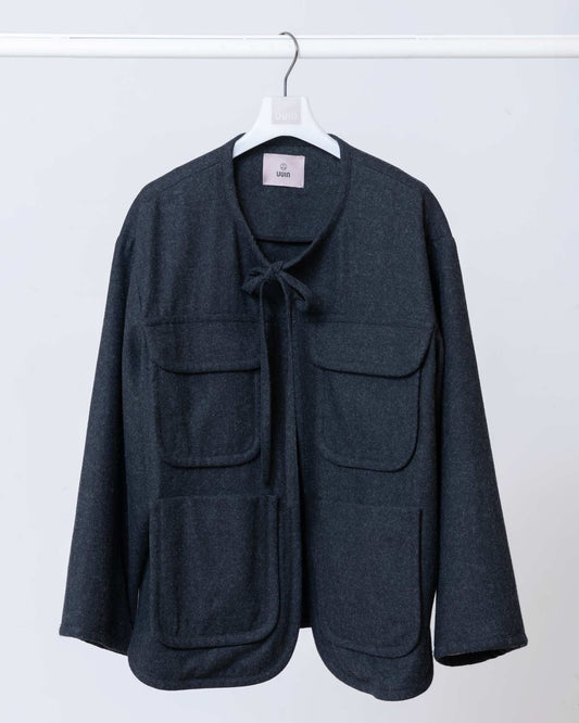 雙口袋綁帶開襟外套(黑色)