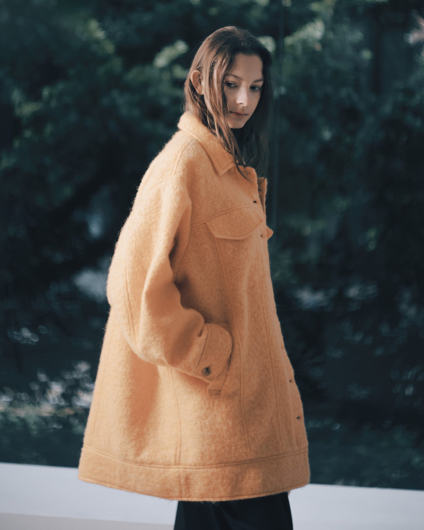 毛呢亮橘翻領羊毛大衣