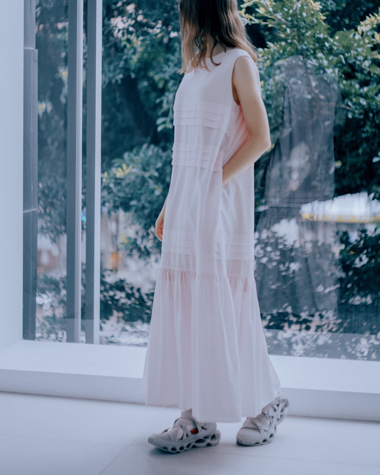 Layered Pleated Loose Long Dress (Pink)