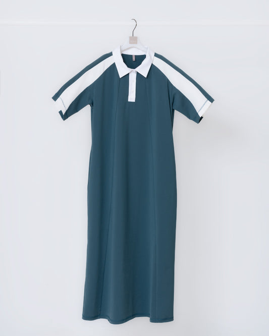 撞色翻領休閒感長洋裝(綠色)
