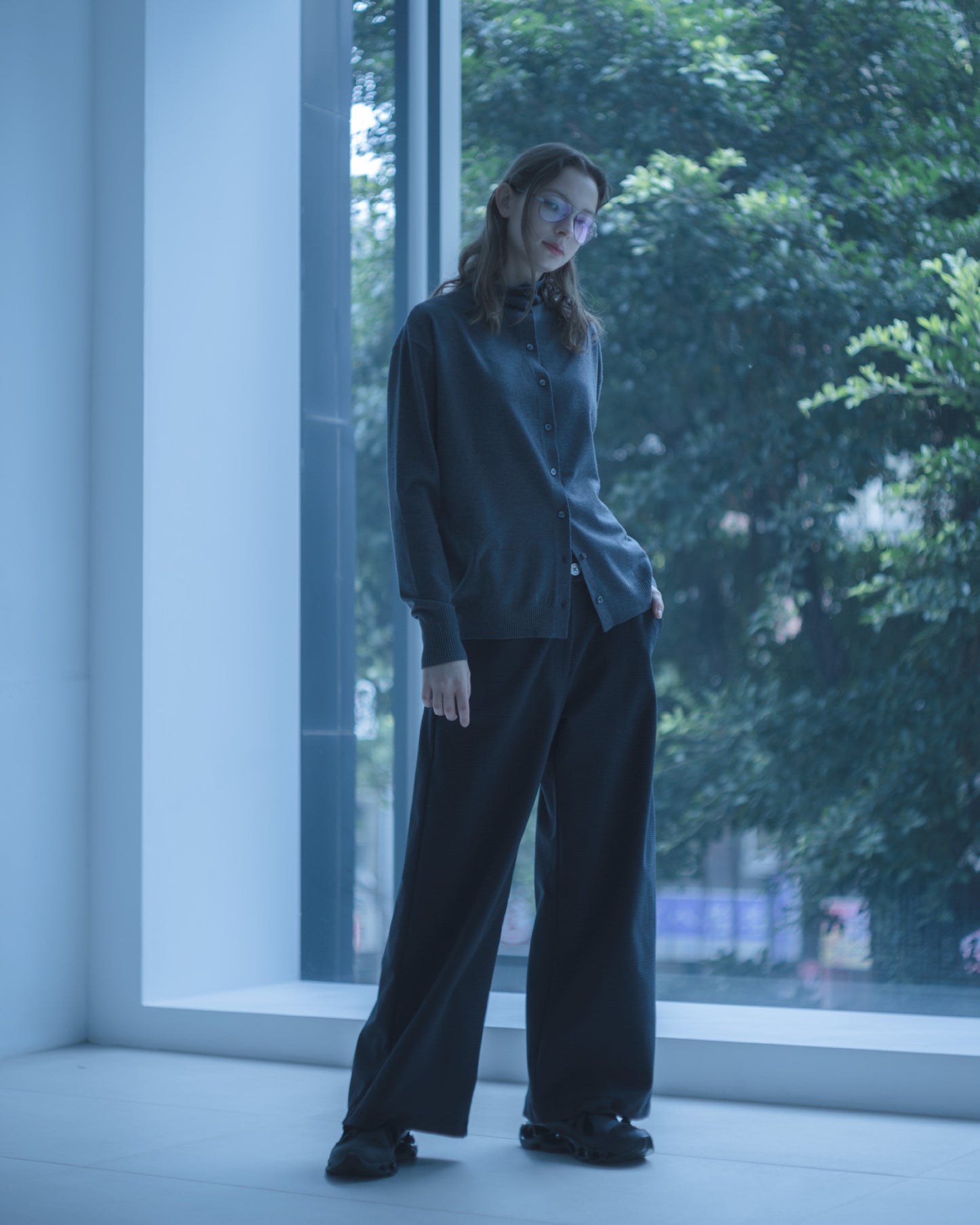 小高領針織開襟衫(鐵灰)