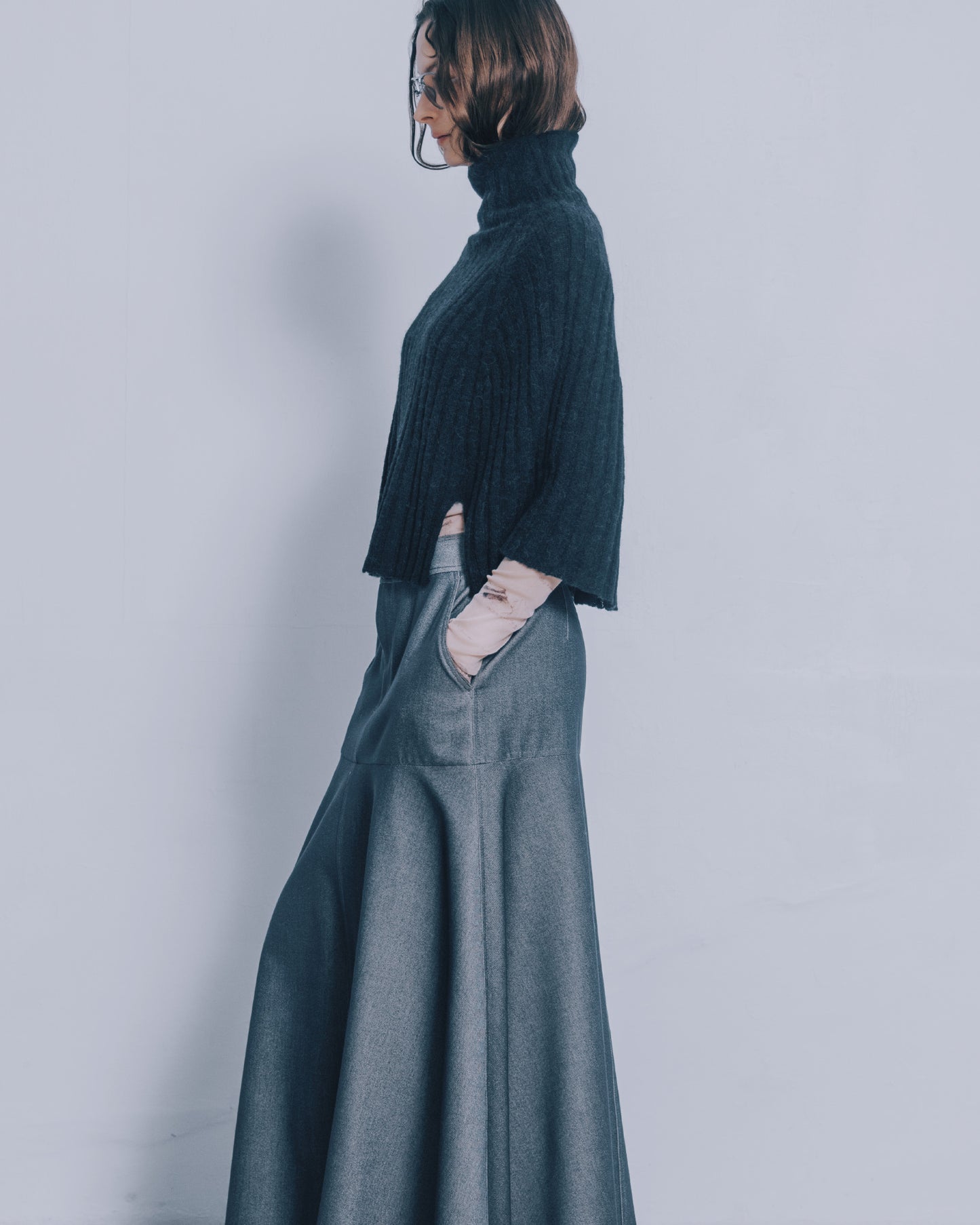 高領寬鬆針織斗篷(黑色)