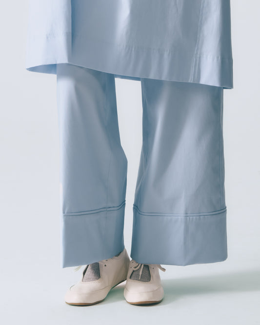 下襬寬版拼接長褲(淺藍)