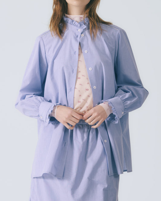 細褶荷葉領條紋襯衫