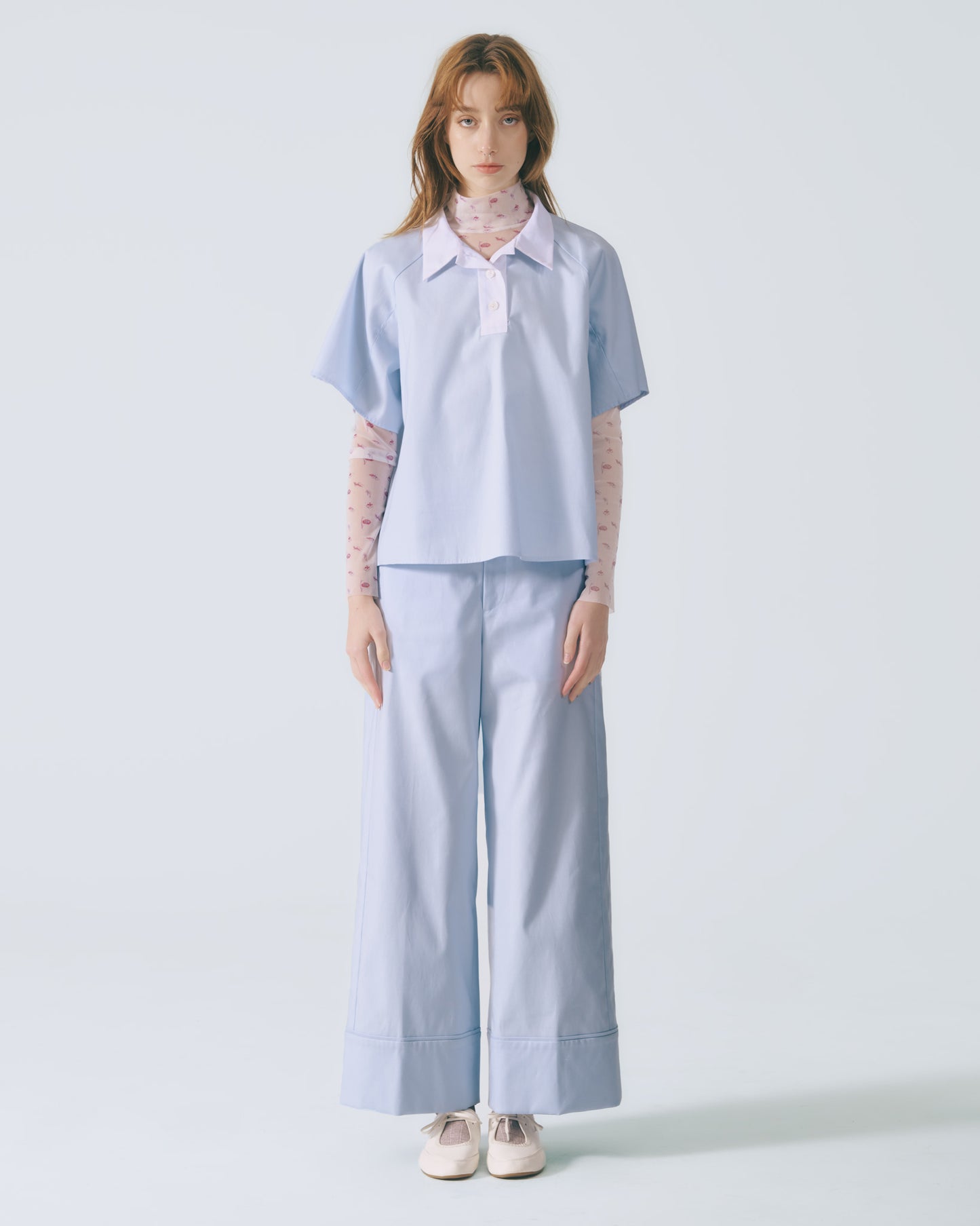 拼接領口短袖上衣 (淺藍)