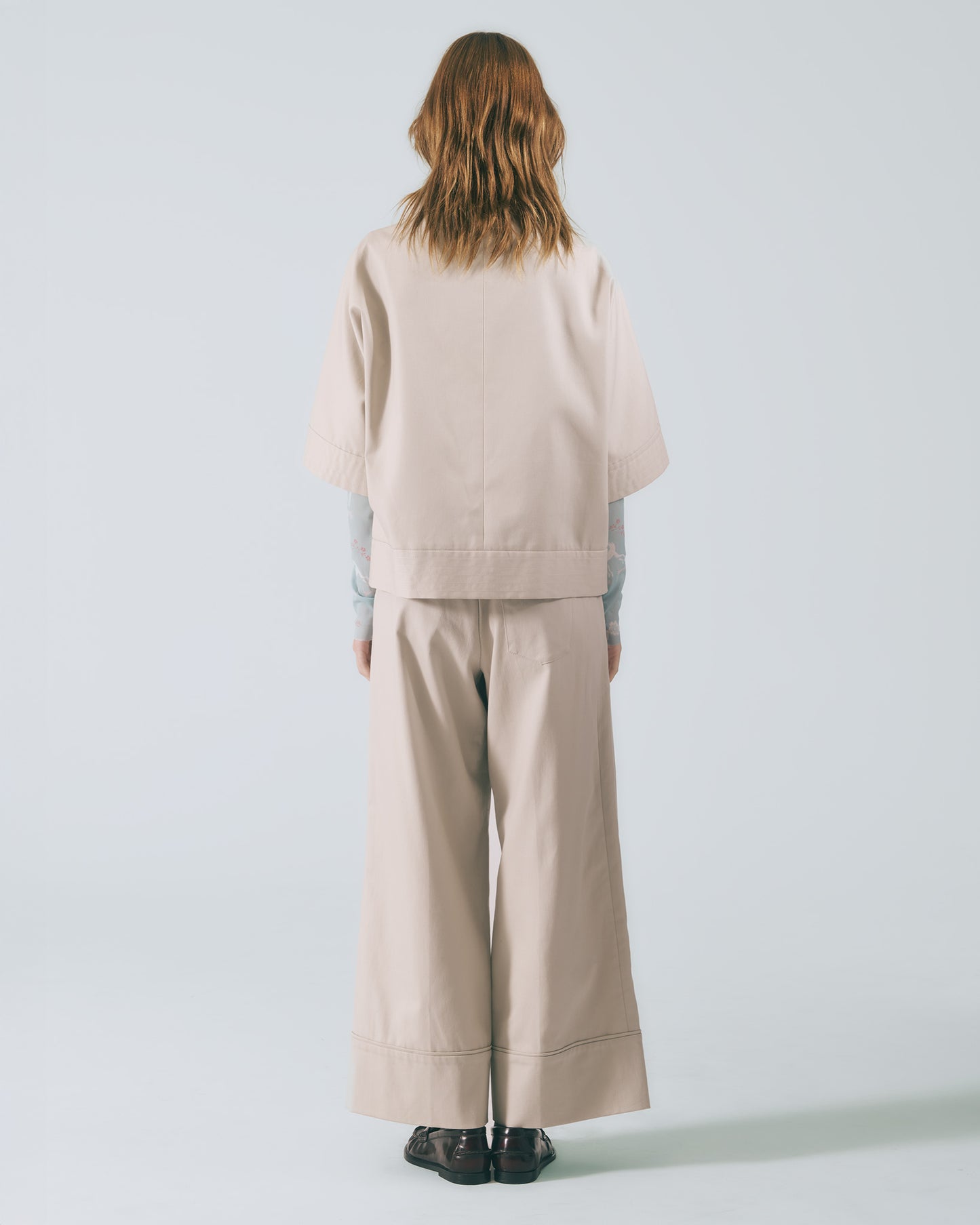 下襬寬版拼接長褲(灰卡其)