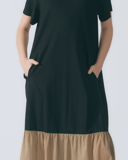 條紋拼接長洋裝(棕色)